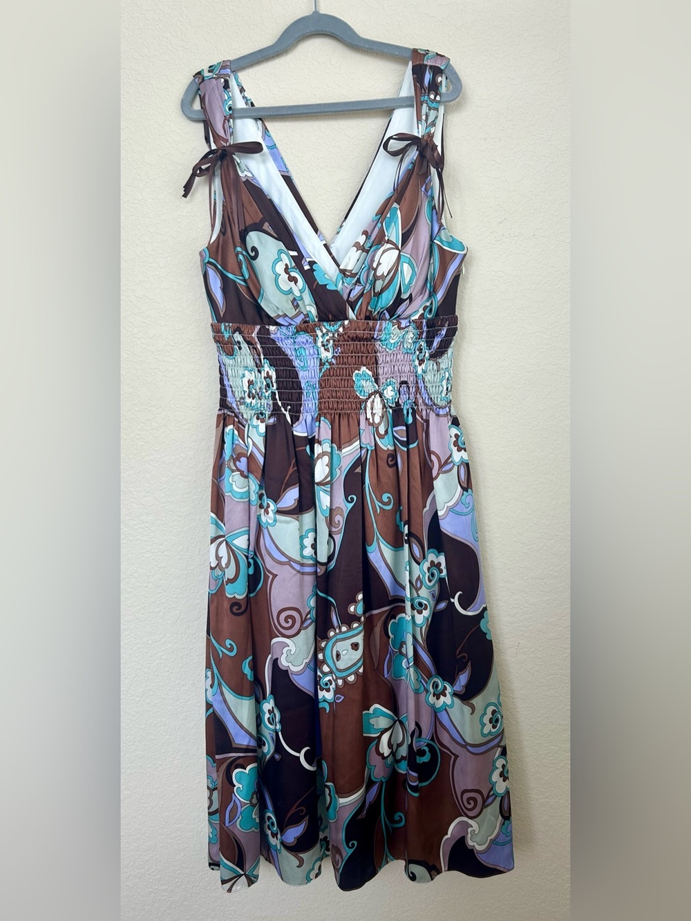 Vintage Y2K OC by OC Paisley Midi Dress 100% Silk Smocked Tie Shoulder Boho Sz L